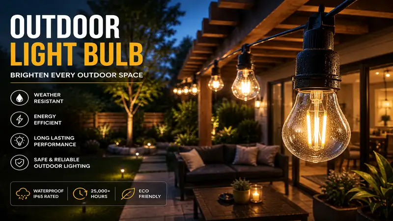 Bright outdoor light bulb illuminating modern backyard patio at night