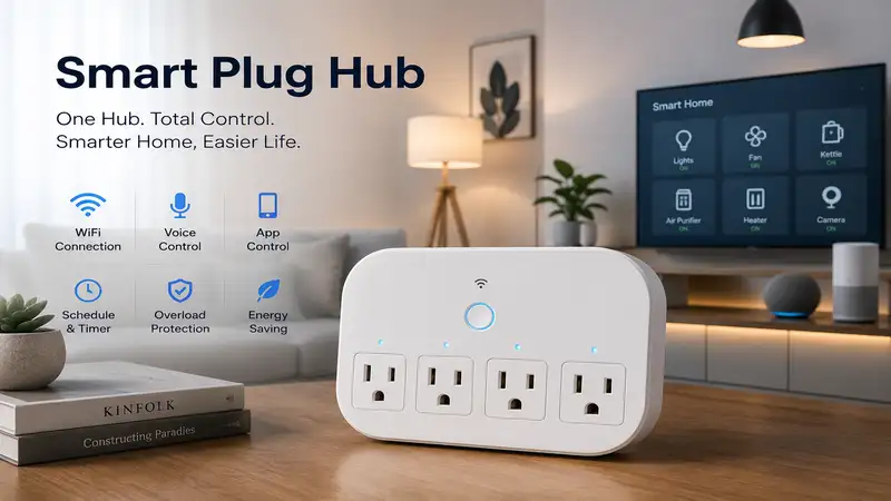 Modern smart plug hub controlling multiple smart home devices in living room