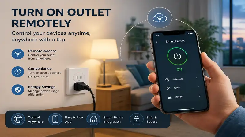 Smart home user using a mobile app to turn on outlet remotely from anywhere