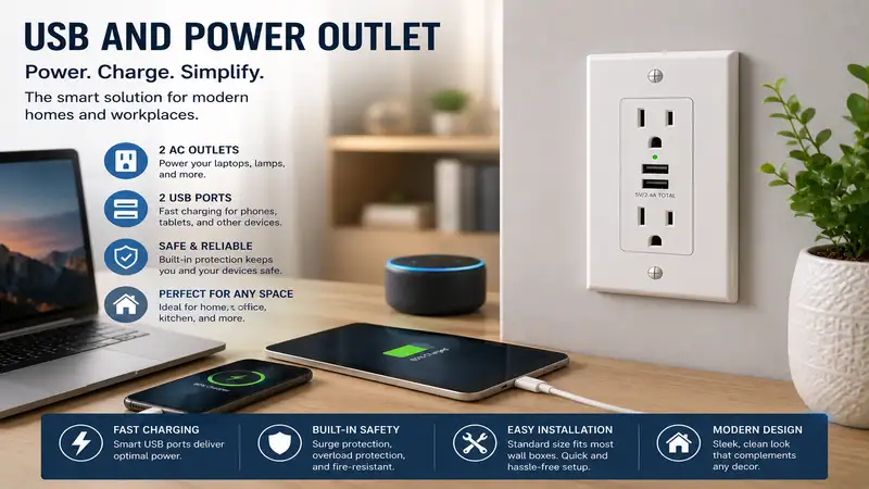 Modern workspace with usb and power outlet for charging devices