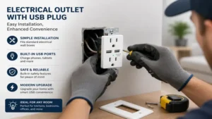 electrician installing electrical outlet with usb plug into a residential wall box