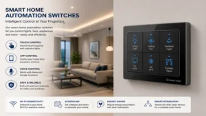 home automation switches installed on a smart wall panel with touchscreen controls