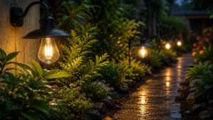 Waterproof outdoor light bulb lighting up garden pathway during rainy evening