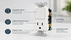 Close-up infographic showing features and safety details of a switch and outlet combo