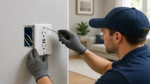 Electrician installing usb and power outlet in a modern living room