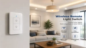 Wireless remote switch light switch installed on a modern living room wall