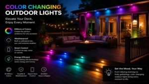 Stylish backyard deck featuring color changing outdoor lights for relaxing evenings and entertainment