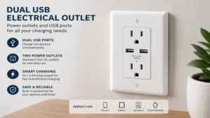 dual port electrical outlet with usb plug designed for charging multiple devices
