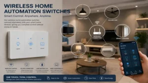 home automation switches connected wirelessly to smart home devices in a living room