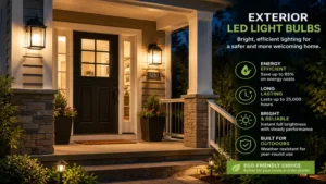 Energy efficient exterior led light bulbs installed on a front porch entrance