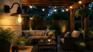 Energy-efficient outdoor light bulb installed on cozy outdoor patio area