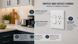 Modern kitchen setup featuring a practical switch and outlet combo for appliances and lighting