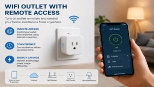 WiFi outlet with remote access feature to turn on outlet remotely and control home electronics