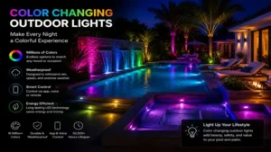 Luxury swimming pool area glowing with color changing outdoor lights in a modern outdoor setting