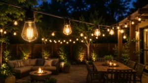 Decorative outdoor light bulb string lights creating warm backyard ambiance