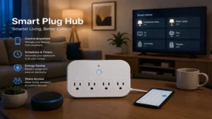 Smart plug hub setup in cozy modern living room with smart devices