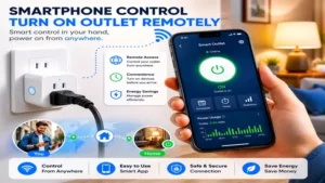 Smartphone app interface used to turn on outlet remotely in a smart home setup