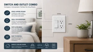 Compact switch and outlet combo installed beside a bedroom wall with space-saving design
