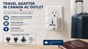 Travel adapter connected to canada ac outlet for international travelers