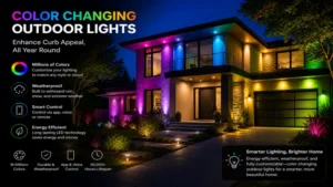 Contemporary home exterior upgraded with color changing outdoor lights for enhanced curb appeal