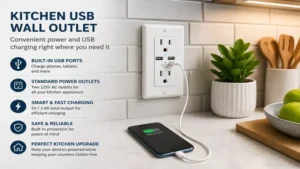 electrical outlet with usb plug mounted above a clean modern kitchen countertop
