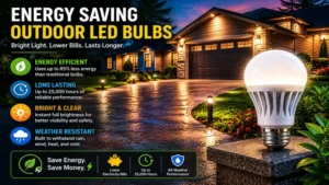energy saving outdoor led bulbs lighting a residential driveway at dusk
