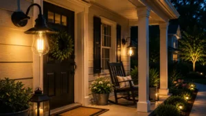 Warm outdoor light bulb mounted on modern front porch at twilight