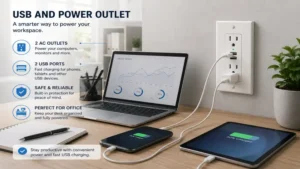 Home office setup featuring usb and power outlet with fast charging