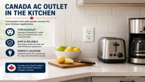 Canada AC outlet installed above a modern kitchen countertop with appliances