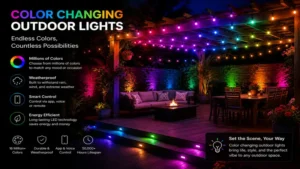 Cozy pergola decorated with color changing outdoor lights and colorful outdoor string lighting