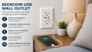 bedside electrical outlet with usb plug charging a smartphone in a cozy bedroom