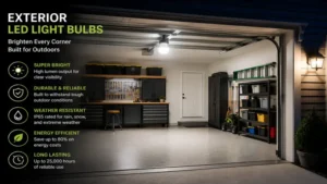 Durable exterior led light bulbs providing clear lighting for residential garage areas