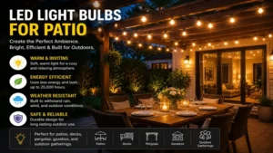 led light bulbs for patio string lighting over an outdoor dining area