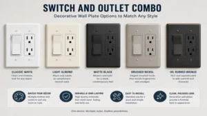 Decorative wall plate styles and finishes available for a switch and outlet combo