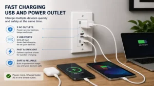 Fast charging usb and power outlet powering multiple electronic devices