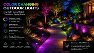 Creative landscape design using color changing outdoor lights to highlight trees and pathways