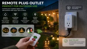 weather-resistant remote plug outlet used to control outdoor lighting and decorations