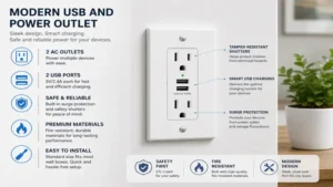 Modern usb and power outlet with safety features and USB charging ports