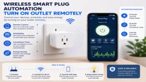 Wireless smart plug automation system designed to turn on outlet remotely with scheduling features