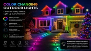 Festive winter home decorated with color changing outdoor lights for holiday celebrations and events