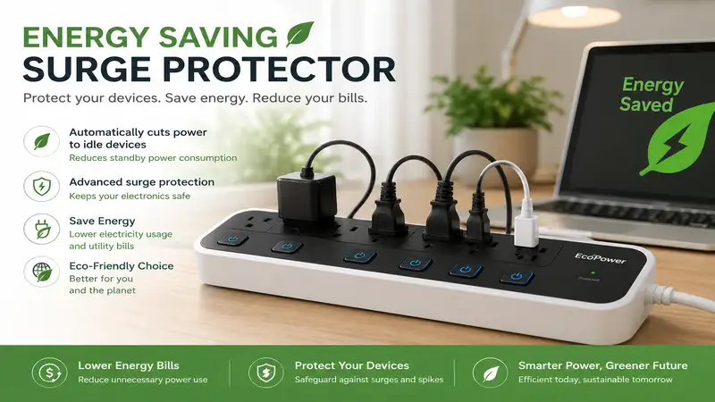 energy saving surge protector with multiple outlets reducing standby power consumption in a modern home office