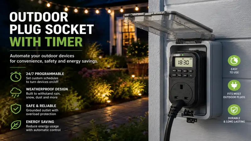 Outdoor plug socket with timer controlling garden lights and outdoor electrical devices automatically