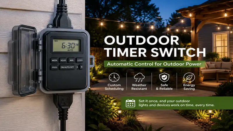 outdoor timer switch mounted on an exterior wall for automatic control of outdoor lights and electrical devices