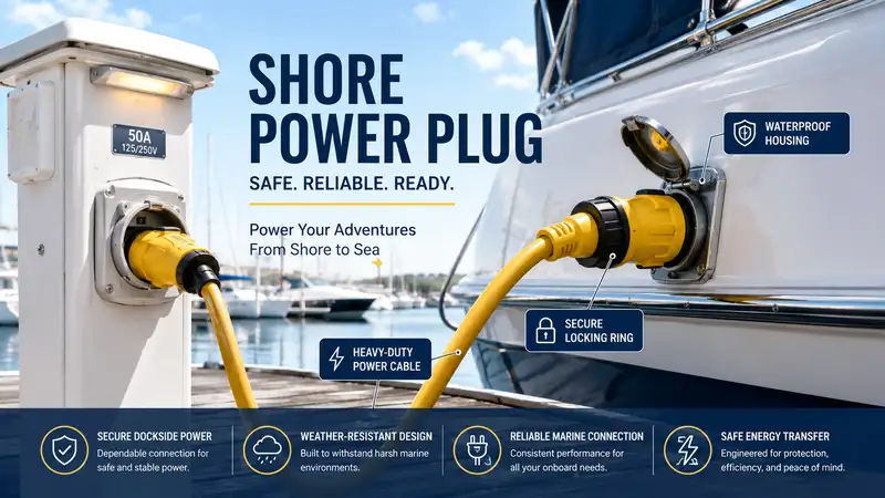 shore power plug connected between a marina power pedestal and a docked boat for safe electrical power transfer