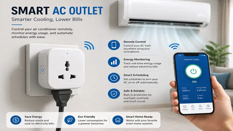 Smart AC outlet connected to a wall socket for remote air conditioner control and energy-efficient cooling