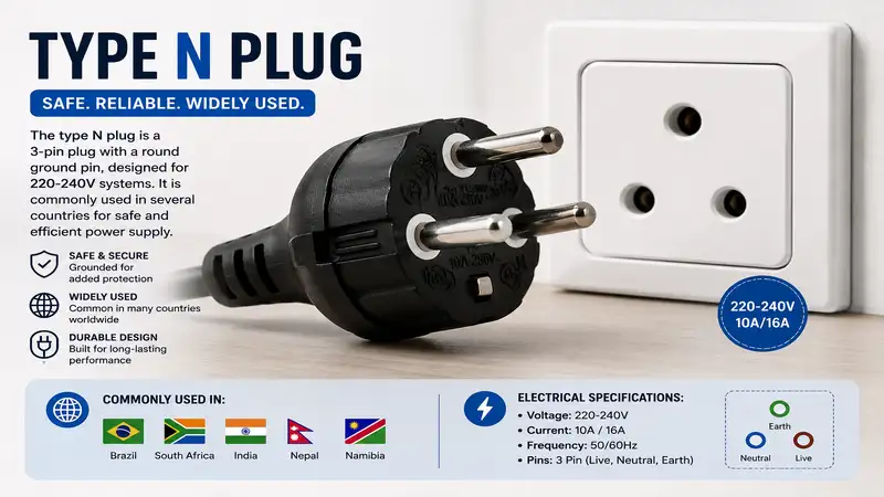 type n plug displayed with a compatible electrical outlet and modern design overview
