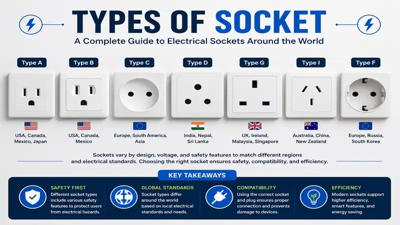 types of socket guide showing common electrical outlet and plug standards around the world