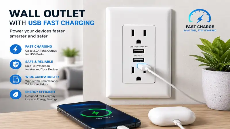 Modern wall outlet with usb fast charging ports for fast and convenient device charging