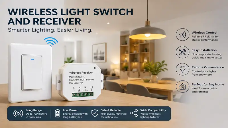 Modern wireless light switch and receiver system for convenient smart home lighting control and easy installation