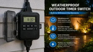 Weatherproof outdoor timer switch protecting outdoor electrical connections from rain and harsh weather
